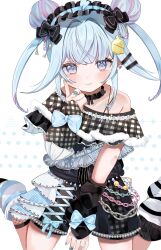  1girl :3 absurdres ahoge arm_warmers asymmetrical_clothes between_legs black_arm_warmers black_bow black_choker black_shirt black_shorts blue_bow blue_eyes blue_hair blue_hairband blue_nails blush bow bow_hairband bra_strap chain choker closed_mouth commentary cross-laced_clothes cross-laced_shorts crossed_bangs dot_nose double_bun earclip feet_out_of_frame finger_to_cheek fingernails fishnet_socks fishnets flipped_sidelocks frilled_choker frilled_hairband frills fur_trim gingham_clothes hair_bun hair_intakes hair_ornament hairband hairclip hand_between_own_legs hand_up highres hololive hololive_dev_is index_finger_raised lace-trimmed_shorts lace_trim leg_warmers lightning_ahoge lolita_hairband looking_at_viewer mainai_(pochiwan1108) middle_ring mismatched_arm_warmers mismatched_leg_warmers mizumiya_su mizumiya_su_(flowglow_uniform) multicolored_hair nail_polish o-ring pink_streaks plaid_arm_warmers plaid_clothes polka_dot polka_dot_background shirt shorts simple_background single_bare_shoulder single_off_shoulder single_sock sitting socks solo streaked_hair striped_clothes striped_leg_warmers twintails unmoving_pattern untranslatable_commentary virtual_youtuber waist_bow wariza white_background white_leg_warmers 