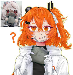  1girl ? a.i._voice adachi_rei ai-generated_art_(topic) black_sweater blue_archive character_doll commentary cpu doll eating english_commentary food food_on_face gloves hair_ornament hair_ribbon highres holding intel jacket medium_hair natsu_(blue_archive) one_side_up open_clothes open_jacket orange_eyes orange_hair polly_(s0ltie) reference_inset ribbon solo sweater utau white_gloves white_jacket white_ribbon 