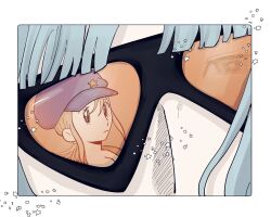  1boy 1girl aqua_hair black-framed_eyewear blonde_hair blue_hat brown_eyes close-up eye_focus hat highres medium_hair newsboy_cap norio_111 orange-tinted_eyewear orange_eyes rainbow_parakeet rainbow_parakeet_(character) reflection reflective_eyewear senri_mariko sunglasses tinted_eyewear 