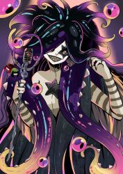  beneceadraws charm_(object) evil_smile fingernails gradient_hair hades_(series) hades_2 hand_in_own_hair holding holding_microphone jewelry makeup microphone microphone_stand multicolored_hair purple_background purple_hair ring scylla_(hades) sharp_fingernails sharp_teeth smile teeth tentacle_hair tentacles 