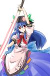 blue_hair bow food fruit hat hinanawi_tenshi long_hair long_skirt peach red_eyes simple_background skirt smile solo sword_of_hisou touhou white_background yu-ves