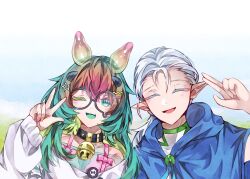  artist_request badge bone button_badge commentary commission commissioner_upload english_commentary fidgey glasses hair_ornament hairclip highres indie_virtual_youtuber long_hair monster_girl multicolored_hair one_eye_closed open_mouth pointy_ears see-through_body shirt skull slug_girl smile 