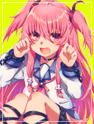  1girl :d ahoge angel_beats! black_choker black_ribbon blue_sailor_collar blue_skirt choker commentary_request cuffs eyelashes eyes_visible_through_hair fang feet_out_of_frame fingernails green_background hair_belt hair_between_eyes handcuffs hands_up happy highres kinana knees_up leg_ribbon long_hair long_sleeves looking_at_viewer making-of_available miniskirt neckerchief open_mouth paw_pose pink_eyes pink_hair pink_neckerchief ribbon sailor_collar sailor_shirt shinda_sekai_sensen_uniform shirt sidelocks simple_background sitting skirt smile solo thigh_strap two_side_up upturned_eyes very_long_hair white_shirt yui_(angel_beats!) 