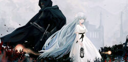  1boy 1girl absurdres amamizu_shizuku armor black_cloak black_sash breastplate building cloak commentary_request dress ender_lilies_quietus_of_the_knights flower fog gauntlets grey_eyes grey_hair helm helmet highres holding holding_lantern hood hooded_cloak jewelry knight lantern light_particles lily_(ender_lilies) long_hair outdoors pendant sash scabbard sheath sheathed short_sleeves simple_bird sword umbral_knight_(ender_lilies) very_long_hair weapon white_dress wind 