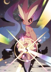  1girl absurdres black_sclera closed_mouth colored_sclera commentary_request crescent_moon full_body furry furry_female highres holding kinunezu_(taishin_315) looking_at_viewer lopunny mega_stone moon other_focus pink_eyes pokemon pokemon_(creature) pokemon_focus smile solo 