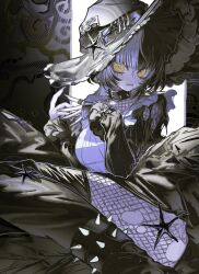  1girl alternate_costume black_collar black_dress black_hair black_thighhighs blunt_bangs bodystocking breasts collar commentary dress fishnet_bodystocking fishnets grey_hair hat highres hololive hololive_english juliet_sleeves large_breasts long_hair long_sleeves looking_at_viewer multicolored_hair open_mouth puffy_sleeves pungson_mori shiori_novella short_dress sleeves_past_wrists solo spiked_collar spikes split-color_hair thigh-highs torn_bodystocking torn_clothes torn_sleeves virtual_youtuber witch_hat yellow_eyes 
