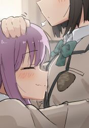  2girls absurdres aqua_bow aqua_bowtie black_hair blush bow bowtie brown_shirt choppy_bangs closed_eyes closed_mouth commentary commission eyes_out_of_frame from_side head_out_of_frame headpat highres hug motion_lines multiple_girls original pixiv_commission profile puff_of_air purple_hair school_uniform shirt short_hair sigh smile tonkotsu_frappuccino untranslatable_commentary yuri 