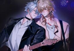  2boys absurdres antenna_hair black_choker black_jacket blonde_hair blue_eyes braid chest_tattoo chinese_commentary choker collared_shirt commentary_request electric_guitar facial_tattoo gradient_hair guitar highres holding holding_guitar holding_instrument honkai:_star_rail honkai_(series) instrument jacket leather leather_jacket male_focus medium_hair multicolored_hair multiple_boys mydei_(honkai:_star_rail) neck_tattoo open_clothes open_jacket parted_bangs phainon_(honkai:_star_rail) pink_shirt red_hair red_tattoo shirt short_hair side_braid tattoo uu96621667 white_hair white_shirt yellow_eyes 