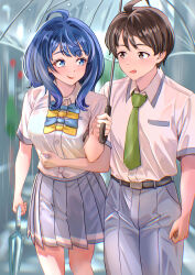  1boy 1girl blue_bow blue_bowtie blue_eyes blue_hair blush bow bowtie breasts brown_eyes brown_hair collared_shirt commentary_request grey_skirt highres holding holding_umbrella kousan looking_at_another make_heroine_ga_oo_sugiru! medium_breasts medium_hair nukumizu_kazuhiko pleated_skirt school_uniform shirt short_sleeves skirt smile transparent transparent_umbrella tsuwabuki_high_school_uniform umbrella upper_body wet wet_clothes wet_shirt white_shirt yanami_anna yellow_bow yellow_bowtie 