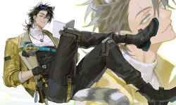  1boy 77ho alesh_(arknights) animal_ears arknights arknights:_endfield black_gloves black_hair black_overalls black_pants black_shoes book crossed_legs gloves highres holding holding_book jacket jewelry lapels looking_at_viewer male_focus medium_hair multiple_views necklace notched_lapels one_eye_closed open_book overalls pants parted_lips raccoon_boy raccoon_ears raccoon_tail scar scar_across_eye scar_on_face shirt shoes sitting tail turtleneck white_background white_shirt yellow_jacket 