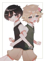  2boys antenna_hair basil_(faraway)_(omori) basil_(omori) black_eyes black_hair black_sweater_vest blonde_hair blue_eyes bright_pupils brown_shorts collared_shirt commentary_request double-parted_bangs flower green_sweater_vest hair_between_eyes hair_flower hair_ornament highres locked_arms looking_at_viewer male_focus multiple_boys omori open_mouth parted_lips shirt short_hair short_sleeves shorts sidelocks sunny_(omori) sweater_vest white_background white_pupils white_shirt yuyuyu_m5 