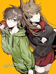  2girls alternate_breast_size_(smaller) animification antenna_hair back-to-back bad_id bad_twitter_id bandage_on_cheek black_eyes black_hoodie black_thighhighs breasts brown_hair can cola commentary cowboy_shot crossed_arms drawstring drink drink_can eddsworld ell_(eddsworld) flat_chest green_hoodie hair_ears heart highres holding holding_can holding_drink hood hood_down hoodie kiyoshi_st large_breasts long_hair long_sleeves looking_at_viewer multiple_girls official_alternate_costume ponytail red_hood red_skirt simple_background skirt smile standing thigh-highs tori_(eddsworld) very_long_hair yellow_background zettai_ryouiki 