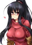  black_hair breasts copyright_request glasses heart impossible_clothes jacket large_breasts long_hair looking_at_viewer paopao payot ponytail red-framed_glasses red_eyes ribbed_sweater semi-rimless_glasses simple_background solo sweater white_background 