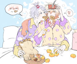  2boys antenna_hair blonde_hair blue_eyes braid commentary_request eating facial_tattoo fiercepenguin_0 food gradient_hair honkai:_star_rail honkai_(series) korean_commentary male_focus medium_hair multicolored_hair multiple_boys mydei_(honkai:_star_rail) on_bed pajamas parted_bangs phainon_(honkai:_star_rail) polka_dot polka_dot_pajamas purple_pajamas red_hair red_tattoo short_hair side_braid taiyaki tattoo wagashi white_hair yellow_eyes yellow_pajamas 
