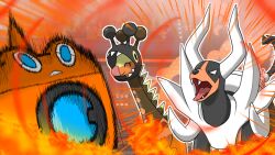  ^_^ blank_eyes closed_eyes closed_mouth commentary_request eyal_146 fangs farigiraf fire houndoom mega_houndoom open_mouth outline pokemon pokemon_(creature) pokemon_champions pokemon_focus rotom rotom_(wash) smile tongue 