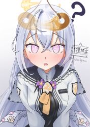  1girl ? @_@ absurdres afterimage ahoge azusa_(blue_archive) black_sailor_collar blue_archive blush breast_pocket coin coin_on_string commentary_request crossed_bangs eyes_visible_through_hair feathered_wings flower frilled_sailor_collar frills hair_between_eyes halo highres hypnosis long_hair long_sleeves looking_at_object low_wings mind_control motion_blur open_clothes open_mouth open_shirt pendulum pink_flower pocket pov puffy_long_sleeves puffy_sleeves purple_flower rokuhyou sailor_collar school_uniform serafuku shirt simple_background solo straight-on trinity_general_school_logo twitter_username upper_body upturned_eyes very_long_hair violet_eyes white_background white_hair white_shirt white_wings wing_flower wings yellow_halo 