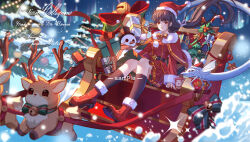  1girl absurdres bell belt black_belt black_hair black_socks blunt_bangs boots bow bowtie box brown_eyes candy candy_cane capelet christmas christmas_tree commission floating_hair food fur-trimmed_boots fur-trimmed_capelet fur-trimmed_headwear fur-trimmed_sleeves fur_trim gift gift_box grin hair_bow hat highres holly inuyasha jingle_bell kikyou_(inuyasha) kneehighs long_hair long_sleeves mihuashi_commission parted_lips piao_gui pleated_skirt pom_pom_(clothes) red_boots red_bow red_bowtie red_capelet red_shirt red_skirt reindeer sample_watermark santa_hat shinidamachuu shirt sidelocks sitting skirt sleigh smile snow snowing snowman socks solo sparkle striped_bow striped_bowtie striped_clothes very_long_hair watermark white_bow 