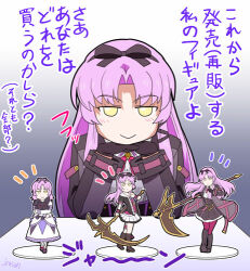  1girl artist_name ascot black_ribbon collection eiyuu_densetsu figure hair_ribbon holding holding_behind_back holding_scythe holding_weapon_behind_back kuro_no_kiseki_(series) looking_at_viewer lowres necktie parted_bangs plaid_clothes plaid_necktie purple_hair red_ascot renne_(eiyuu_densetsu) ribbon scythe sen_no_kiseki_(series) sen_no_kiseki_iv smile sora_no_kiseki xiacheng_tatsuya yellow_eyes 