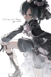  13165075695 1boy absurdres aristocratic_clothes ascot bishounen black_boots black_gloves black_hat black_jacket black_shorts blue_eyes blue_hair boots cane ciel_phantomhive commentary cursive english_text flower foot_out_of_frame frilled_sleeves frills from_side full_body gloves hair_between_eyes hand_on_own_knee hat hat_flower hat_ribbon heterochromia high_heel_boots high_heels highres holding holding_cane jacket kuroshitsuji lace-up_boots long_sleeves looking_at_viewer male_focus neck_ribbon ouji_fashion ribbon rose short_hair shorts simple_background sleeve_cuffs solo tears tears_from_one_eye violet_eyes white_ascot white_background white_flower white_rose 