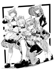  1boy 3girls animal_ear_hairband animal_ears bent_over blush breasts caelus_(honkai:_star_rail) cat_ear_hairband cat_ears commentary crossdressing crossdressing_(mtf) embarrassed expressionless fake_animal_ears firefly_(honkai:_star_rail) frying_pan full_body grey_background hairband highres honkai:_star_rail honkai_(series) kneeling long_hair looking_ahead looking_at_another looking_at_viewer maid medium_breasts medium_hair multiple_girls nervous_sweating robizou_(robizou285) short_hair silver_wolf_(cat-maid_ensemble)_(honkai:_star_rail) silver_wolf_(honkai:_star_rail) small_breasts smile standing stelle_(honkai:_star_rail) sweat trailblazer_(honkai:_star_rail) vacuum_cleaner 
