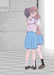  2girls ayatsumugi_roka black_hair blood blue_eyes blue_skirt cho_kaguya-hime! commentary_request earrings fingernails hair_bun highres hug jewelry long_fingernails long_hair multiple_girls mutual_hug nigatsu_(lowfatnonsugar) nosebleed open_mouth pink_hair pink_nails pleated_skirt sakayori_iroha short_sleeves single_hair_bun skirt sweat trembling v-shaped_eyebrows yuri 