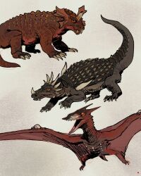  3boys absurdres anguirus baragon_(godzilla) caxela estemmenosuchus godzilla_(series) highres kaiju monster multiple_boys orange_eyes prehistoric_animal pterosaur redesign rodan sharp_teeth spikes synapsid teeth 