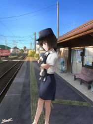  1girl amagami animal artist_name bench blue_hat blue_necktie blue_skirt blunt_bangs brown_eyes brown_hair building bulletin_board bush cat closed_mouth commentary day from_side hat highres holding holding_animal holding_cat house looking_ahead looking_down momonjya necktie outdoors peaked_cap power_lines railroad_tracks shirt short_hair short_sleeves sign signature skirt smile standing tachibana_miya tactile_paving town train train_attendant train_conductor train_station train_station_platform travel_attendant tuxedo_cat utility_pole white_shirt 