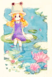  1girl barefoot black_eyes blonde_hair blue_dress blush bow closed_mouth deko dot_mouth dress eye_on_hat flower hair_bow hat in_water lily_pad long_hair long_sleeves looking_at_viewer lotus moriya_suwako parted_bangs petals rose_petals shirt sitting solo third-party_source touhou water watercolor_effect white_shirt wide_sleeves 
