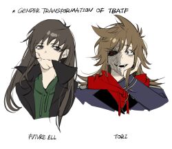  2girls alternate_hairstyle animification antenna_hair bad_id bad_twitter_id bags_under_eyes black_coat black_sclera blue_coat brown_hair burn_scar character_name coat colored_sclera commentary cosplay cropped_shoulders drawstring edd_(eddsworld) eddsworld ell_(eddsworld) english_commentary english_text fangs frown future_edd_(eddsworld) future_edd_(eddsworld)_(cosplay) genderswap genderswap_(mtf) green_hoodie grey_eyes hair_down hair_ears hand_on_own_face heterochromia high_collar highres hood hood_down hoodie kiyoshi_st long_hair long_sleeves mature_female military_coat military_uniform mismatched_sclera multiple_girls open_clothes open_coat open_mouth red_eyes red_hoodie red_leader_(eddsworld) red_leader_(eddsworld)_(cosplay) scar self_cosplay simple_background smile the_beginning_and_the_friend tord_(eddsworld) tori_(eddsworld) trench_coat white_background 
