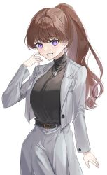  1girl :d absurdres breasts brown_hair commentary_request cowboy_shot earrings fujishima_megumi fujishima_megumi_(post-graduation) grey_jacket grey_skirt grey_suit grin hair_intakes heart heart_earrings heart_necklace high_ponytail highres jacket jewelry korean_commentary large_breasts long_hair long_sleeves looking_at_viewer love_live! love_live!_hasu_no_sora_jogakuin_school_idol_club necklace open_clothes open_jacket pleated_skirt ponytail simple_background skirt skirt_suit smile solo suit suit_jacket thanasys violet_eyes white_background 