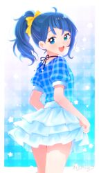 1girl alternate_hairstyle artist_name blue_eyes blue_hair blue_shirt blue_theme bow casual commentary cowboy_shot cut_bangs from_behind hair_bow highres hirogaru_sky!_precure holding_own_skirt kyanos_(b_0000ff) layered_skirt looking_at_viewer looking_back medium_hair miniskirt open_mouth plaid_clothes plaid_shirt ponytail precure puffy_short_sleeves puffy_sleeves shirt short_sleeves signature single_sidelock skirt smile solo sora_harewataru standing star_(symbol) white_skirt yellow_bow