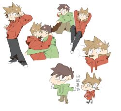  2boys animification antenna_hair arms_behind_head bad_id bad_twitter_id bandage_on_cheek black_pants black_shoes blush brown_hair brown_pants can cheek-to-cheek chinese_text cigar cola commentary doodle_inset drawstring drink drink_can drinking edd_(eddsworld) eddsworld flipped_hair green_hoodie hair_behind_ear hair_ears heads_together highres holding holding_can holding_drink hood hood_down hoodie hug jitome kiyoshi_st long_sleeves looking_at_another male_focus multiple_boys multiple_views mutual_hug pants procreate_(medium) quality reclining red_hoodie shoes short_hair simple_background sitting smile smoking sneakers tord_(eddsworld) translation_request white_background wide-eyed 