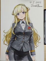  1girl alternate_costume arms_at_sides art_tools_in_frame artist_name black_jacket black_skirt blonde_hair blue_eyes breasts closed_mouth collared_shirt commentary_request cowboy_shot dated double_bun fletcher_(kancolle) folded_hair hair_bun hairband highres hisama_tomoki jacket kantai_collection large_breasts long_hair long_sleeves looking_at_viewer marker marker_(medium) military_dress_uniform military_rank_insignia military_uniform naval_dress_uniform naval_uniform one-hour_drawing_challenge pencil_skirt ribbon_bar shirt signature skirt smile solo striped_sleeves traditional_media white_shirt 