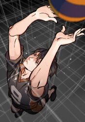  1boy arms_up ball black_hair black_shoes blue_eyes closed_mouth commentary_request from_above haikyuu!! highres kageyama_tobio karasuno_volleyball_uniform male_focus mr_study multiple_boys shoes short_hair shorts sportswear sweat volleyball volleyball_(object) volleyball_uniform 