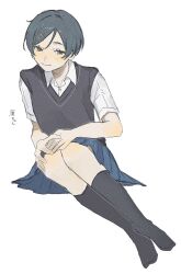  1girl black_hair black_socks black_sweater_vest blue_skirt closed_mouth collared_shirt full_body futsuu_no_keion-bu grey_eyes hair_ornament hairclip hands_on_own_knees highres invisible_chair kouyama_rin legs_together light_blush no_shoes parallel_hairclips pixie_cut pleated_skirt sakihara_anko school_uniform shirt short_hair short_sleeves simple_background sitting skirt smile socks solo sweater_vest translation_request white_background white_shirt 