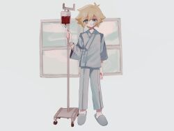  1boy antenna_hair bandaid bandaid_on_cheek bandaid_on_face basil_(faraway)_(omori) basil_(hospital_gown)_(omori) basil_(omori) blonde_hair blood blood_bag blue_eyes bright_pupils closed_mouth commentary_request double-parted_bangs hair_between_eyes highres intravenous_drip long_sleeves looking_at_viewer male_focus omori short_hair sidelocks slippers solo spoilers white_pupils yuyuyu_m5 
