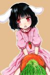  :o absurdres animal_ears bangs black_hair blush brown_background bunny_ears carrot dress highres inaba_tewi jewelry looking_away mutsumi326 necklace open_mouth oversized_object pendant pink_dress puffy_sleeves red_eyes short_hair short_sleeves simple_background solo straddle touhou v_arms 