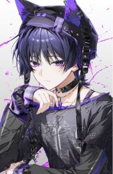  1boy alternate_costume animal_ear_fluff animal_ear_headwear animal_ears asymmetrical_sleeves beanie belt bishounen black_belt black_choker black_hat black_shirt black_sleeves blunt_ends casual cat_ears chain chain_necklace choker closed_mouth commentary contemporary earflap_beanie eyeliner fake_animal_ears fur-trimmed_shirt fur_trim genshin_impact gold_chain hat hat_ornament highres jewelry key kkopoli layered_sleeves lock long_sleeves looking_at_viewer makeup male_focus mismatched_sleeves necklace padlock plaid_clothes plaid_sleeves portrait purple_sleeves red_eyeliner ribs scaramouche_(genshin_impact) shirt short_over_long_sleeves short_sleeves sleeves_past_wrists solo star_(symbol) star_choker star_hat_ornament torn_clothes torn_sleeves tsurime untranslatable_commentary violet_eyes white_background wispy_bangs 