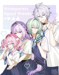 2boys 2girls 3a_ga_wa anaxa_(honkai:_star_rail) bespectacled blue_eyes blue_necktie blue_pants blue_skirt blue_vest castorice_(honkai:_star_rail) cellphone choker chrysos_heirs_school_uniform collared_shirt commentary_request cowboy_shot diagonal-striped_clothes diagonal-striped_necktie drill_hair english_text flower glasses gradient_hair green_hair grey_hair hair_intakes half-heart_hands hashtag hat hat_flower headphones headphones_around_neck heart highres holding holding_phone honkai:_star_rail honkai_(series) hug hug_from_behind hyacine_(honkai:_star_rail) long_hair looking_at_viewer multicolored_eyes multicolored_hair multiple_boys multiple_girls necktie one_eye_closed open_mouth pants phainon_(honkai:_star_rail) phone pink_hair pleated_skirt pointy_ears purple_flower purple_hair purple_hat red_eyes red_hat school_uniform shirt short_hair skirt smile striped_clothes striped_necktie thumbs_up twin_drills twintails two-tone_eyes v very_long_hair vest violet_eyes white_shirt yellow_vest 