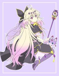  1girl antenna_hair black_bow black_capelet black_dress blonde_hair bow brooch capelet closed_mouth commentary_request cure_arcana_shadow diamond_hairband dress frilled_capelet frilled_cuffs frills gradient_hair hair_intakes hair_ribbon heart heart_brooch highres holding holding_rod jewelry long_hair looking_at_viewer magical_girl mashu-tan meitantei_precure! moria_luluka multicolored_hair precure purple_veil purple_wrist_cuffs ribbon rod sitting tear_arcana_rod veil violet_eyes wariza wrist_cuffs yamamoto_kazue 