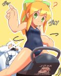  1girl ? beard blonde_hair camera facial_hair green_eyes hair_ribbon highres labcoat long_hair one-piece_swimsuit payot ponytail popporunga ribbon riding riding_machine rockman rockman_(classic) roll school_swimsuit swimsuit taking_picture thomas_light white_hair 