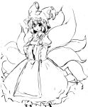  animal_ears animal_hat fox_tail hands_in_sleeves hat long_hair looking_at_viewer monochrome multiple_tails smile solo tail touhou yakumo_ran yu-ves 