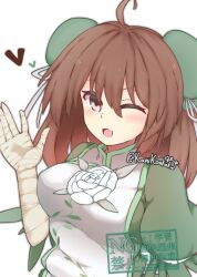 1girl ahoge alternate_color alternate_hair_color bandaged_arm bandages blush breasts brown_hair bun_cover commentary_request double_bun green_shirt hair_bun heart highres ibaraki_kasen kanikoukaku large_breasts long_hair looking_at_viewer one_eye_closed pink_eyes shirt smile solo tabard touhou twitter_username upper_body watermark white_tabard 