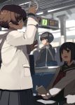  2girls black_eyes black_hair blurry blush book brown_hair cardigan depth_of_field highres multiple_girls open_cardigan open_mouth original school_uniform serafuku short_hair sputnik_(artist) train train_interior train_station 