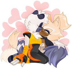  2girls animal_nose black_bodysuit bodysuit brown_fur chest_fur closed_eyes commentary english_commentary fingerless_gloves furry furry_female furry_with_furry gloves grey_fur highres lemur_ears lemur_girl lemur_tail licking licking_another's_face multicolored_fur multiple_girls orange_shirt sagedraws shirt smile sonic_(series) sonic_the_hedgehog_(idw) tail tail_wagging tail_wrap tangle_the_lemur whisper_the_wolf wolf_girl yellow_fur yuri 