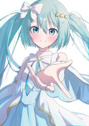 1girl absurdres aqua_skirt armpits blush bow breasts closed_mouth commentary detached_sleeves dress hair_between_eyes hair_bow hair_ornament hatsune_miku highres hiramado_miku hoshimiya_shidzu kowareta_sekai_to_utaenai_miku long_sleeves looking_at_viewer medium_breasts pleated_skirt project_sekai reaching reaching_towards_viewer skirt sleeveless sleeveless_dress smile solo spoilers vocaloid white_bow white_dress x_hair_ornament 