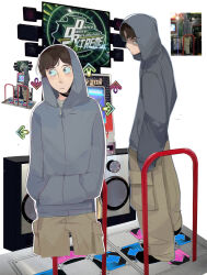 1boy adam_lanza animification arcade_cabinet arrow_(symbol) baggy_pants bemani black_shoes blue_eyes blue_outline brown_hair brown_pants closed_mouth cropped_legs dance_dance_revolution dance_pad english_text expressionless facing_viewer from_behind frown full_body goodfolk2 grey_jacket grey_shirt halftone hands_in_pockets highres hood hood_up hooded_jacket jacket long_sleeves looking_at_viewer looking_back lower_eyelashes_only male_focus multiple_views outline pants photo_inset playing_games playing_video_games pocket puffy_long_sleeves puffy_sleeves real_life reference_inset shaded_face shirt shoes short_hair sideways_glance simple_background standing straight-on swept_bangs tareme true_crime very_short_hair white_background white_outline zipper 