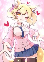  1girl animal_ear_fluff animal_ears blonde_hair blue_necktie blue_skirt blush breasts brown_leggings buttons closed_mouth commentary_request eyelashes facing_viewer floating_hair flower_hairpin fluff fluffy_tail fox_ears fox_girl fox_tail hair_between_eyes hair_ornament heart highres karasuma_amiru large_tail leggings long_sleeves looking_at_viewer medium_breasts medium_hair necktie one_eye_closed original pink_background pink_shirt pocket pointy_ears shirt skirt smile solo tail very_long_tail yellow_eyes yellow_tail 