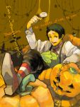  adachi_tooru alternate_costume black_hair brack-box9 cabbage candy english halloween holding lollipop male persona persona_4 pumpkin sitting solo 