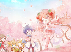  >_< 2boys 4girls :3 ahoge alcohol arm_up armlet blonde_hair blue_eyes blue_hair boots bottle bow bowl brown_hair cherry_blossoms cherry_hair_ornament closed_eyes coat collared_shirt commentary_request crop_top cup day detached_sleeves eating falling_petals food food-themed_hair_ornament hair_bow hair_ornament hairclip hatsune_miku headphones holding holding_bottle holding_bowl holding_cup holding_food jewelry kagamine_len kagamine_rin kaito_(vocaloid) long_hair looking_back megurine_luka meiko_(vocaloid) midriff mochi multiple_boys multiple_girls necktie niwako one_eye_closed open_mouth outdoors outstretched_arms pants parallel_hairclips petals pink_eyes pink_hair pleated_skirt sailor_collar sake_bottle sakura_miku sakura_mochi scarf shirt short_hair skirt sky sleeveless sleeveless_shirt smile standing standing_on_one_leg thigh_boots twintails very_long_hair vocaloid wagashi 